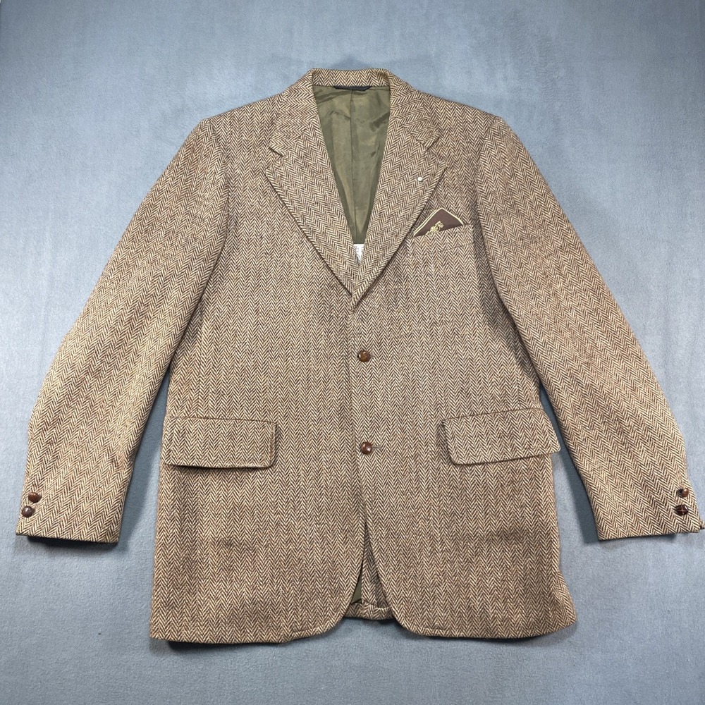 Vintage Harris Tweed 100% Virgin Wool Mens Blazer Classic Brown Herringbone 46 L